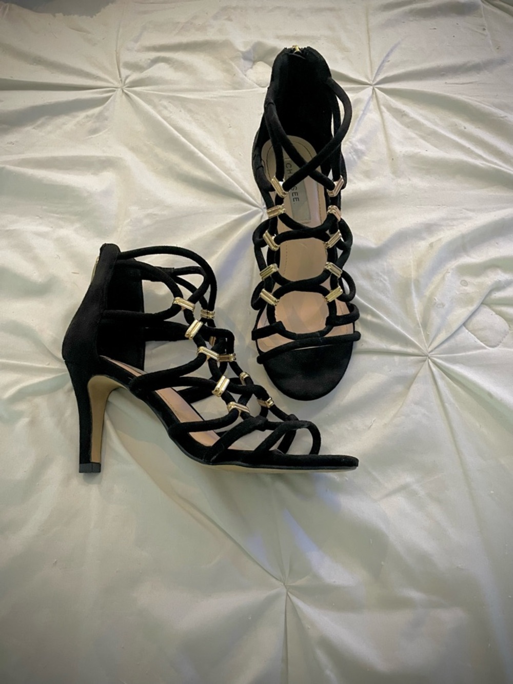 Black Strappy Heeled Sandals with Gold Accents - Women